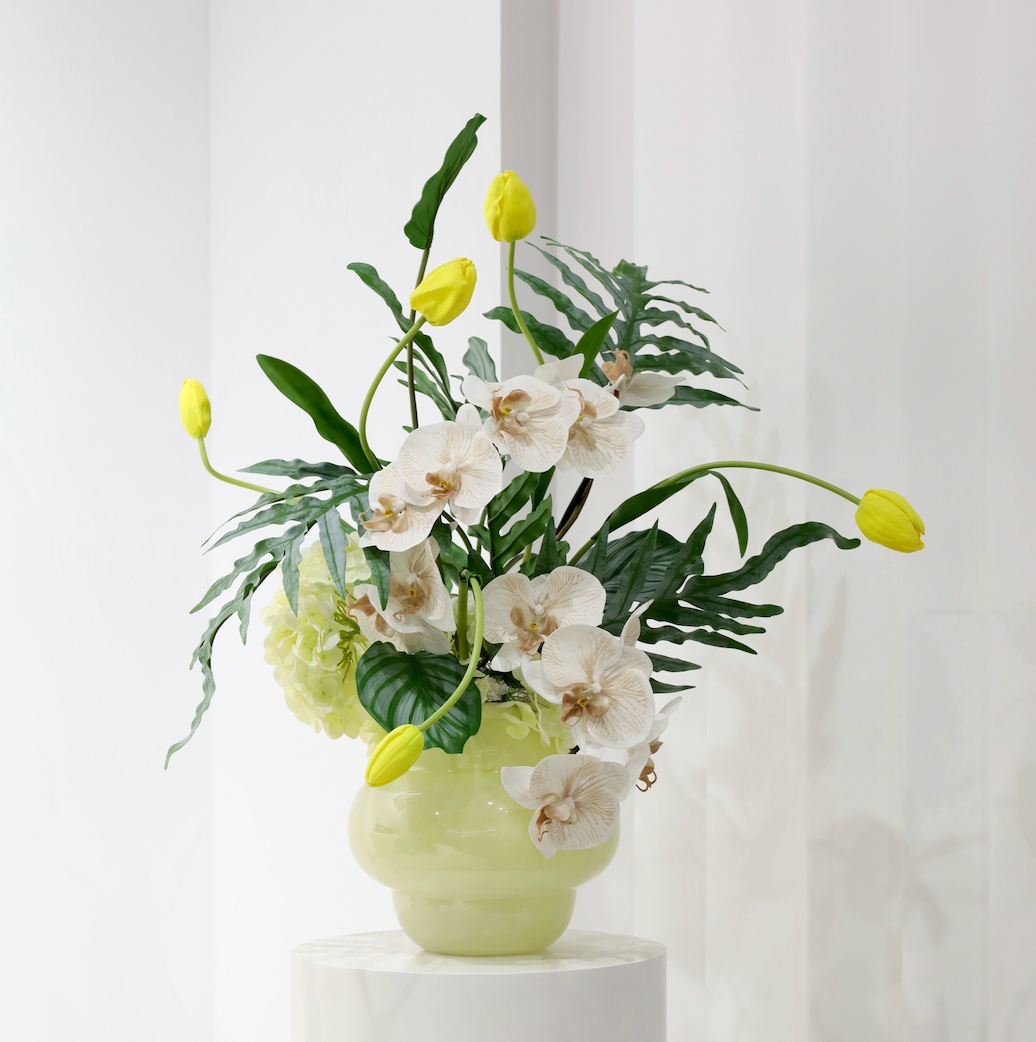 棕橘香槟黄色 · 仿真花艺，58 × 64 × 66 cm