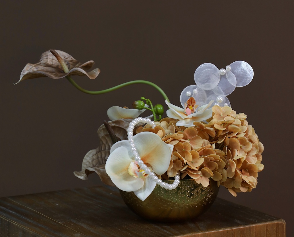 棕橘香槟黄色 · 仿真花艺,35 × 22 × 25 cm