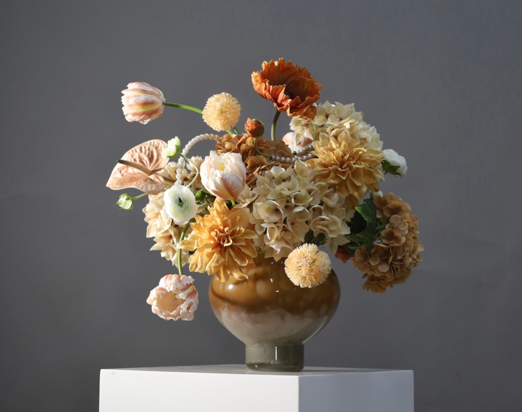 棕橘香槟黄色 · 仿真花艺,55 × 45 × 56 cm
