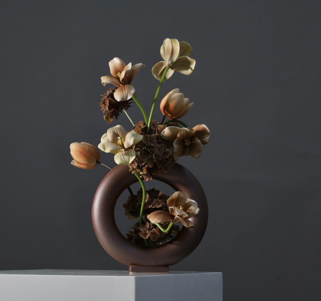 棕橘香槟黄色 · 仿真花艺,26 × 23 × 45 cm
