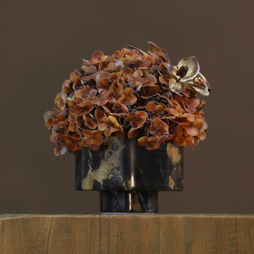 棕橘香槟黄色 · 仿真花艺,17 × 16 × 17 cm
